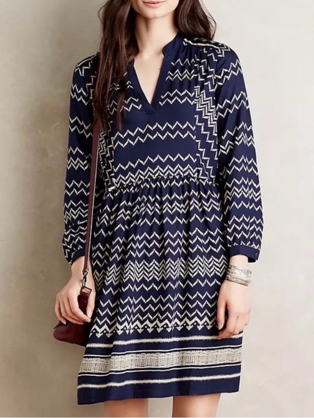 Anthropologie Holding Horses S Farica Dress Long Sleeve Navy Chevron